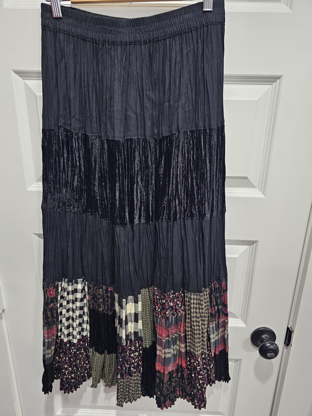 Herstyle Black Tiered Maxi Skirt with Patterned Patchwork Hem